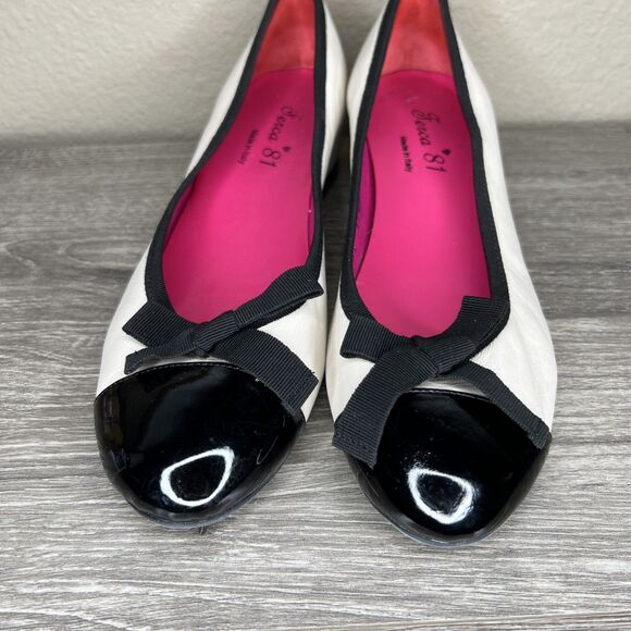Ferca 81 Ballet Style Wedge Shoes Size EU 39 US 8.5 Ivory Black Patent Cap Italy - Picture 3 of 11